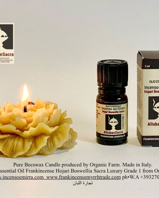 Pure Beeswax Candle and Incense (Olibanum) Essential Oil from Boswellia Sacra Luxury grade 1 from Oman. made in Italy